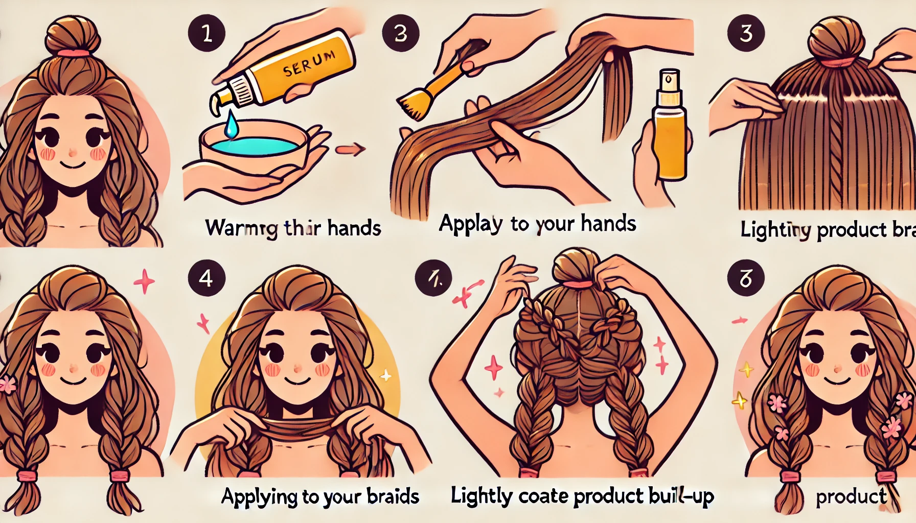 thebraidingvault step instructional illustrations showing-how to apply hair serum to braided hair