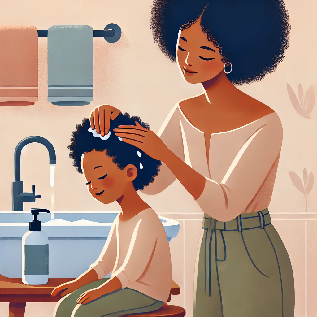 The Briaiding Vault—health growth for chairs—hair. mother gently washing her child’s natural hair in the bathroom. The child sits